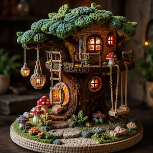 May include: A crochet treehouse sculpture featuring a brown textured trunk, green leafy canopy, and illuminated windows. The structure includes a hanging ladder, a swing, and two lanterns. The base is decorated with crochet mushrooms and plants.