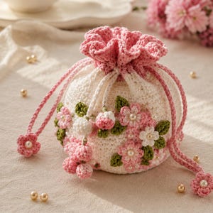 Crochet Floral Drawstring Bag Pattern, 3D Flower Pouch Tutorial (PDF Download)