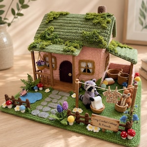 May include: A handcrafted crochet cottage set featuring a pink house with a green roof, moss accents, and a dark door. The scene includes a stone path, a blue pond, a raccoon, a squirrel, laundry on a line, and a sign reading Cozy Crochet Cottage & Friends.