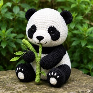 May include: A crocheted panda toy featuring a white head and body with black ears, eye patches, arms, and legs. The panda has black safety eyes and holds a green crocheted bamboo stalk with small leaves in its front paws. White paw pads are visible.
