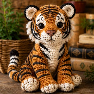 May include: A handcrafted crochet tiger plush toy featuring orange, black, and white yarn. The tiger has large dark eyes, a pink nose, and a striped tail. It is designed with a white chest and face, black ear tips, and detailed paw pads.