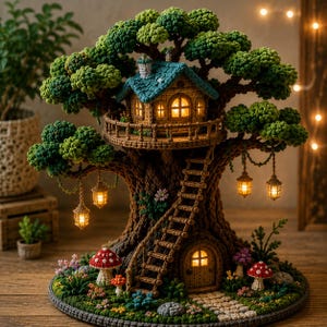 May include: A crochet treehouse sculpture featuring a brown textured trunk, a teal roof, and green foliage. The structure includes a ladder, a ground-level door, and hanging lanterns with warm internal lights. Red and white mushrooms sit at the base.