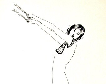 Mah Jong, Original Pen & Ink Drawing, Young Woman in Chinese Style Dress, Black/White, c.1930, Mah Jong Fan, Great Gift, OOAK, Original