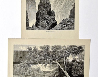 Passaic River and Falls, Little Falls, New Jersey, c.1870, Two Historic Antique Wood Engravings, Lovely Condition!