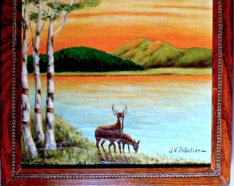 Rustic Folk Art, Vintage Oil Canvas, c.1940s-50s/Québec, Deer/Landscape Signed, Vintage Solid Oak Frame, Cabin/Casual, Ready to Hang