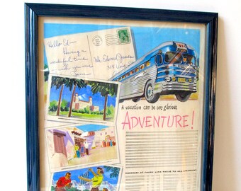 1951 Greyhound Bus, Original Advertising Art,  Mixed Media, Jane & Ed, OOAK, Great Gift Idea, Great Condition, Framed, Ready to Hang