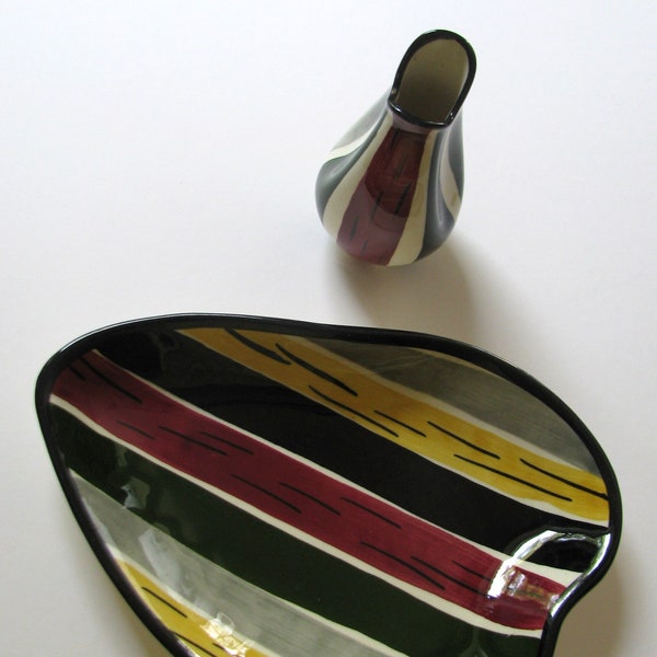 Strehla Keramik, Mid-Century, 2 German Ceramic, Small Abstract Striped Leaf Platter, Bud Vase/Creamer, c.1950s, Great Condition and Color