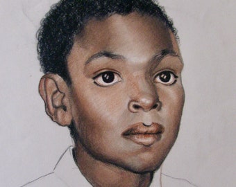 Joven adolescente negra, retrato extraordinario, c. 1940, original en pastel y carboncillo, OOAK, perfecto estado.