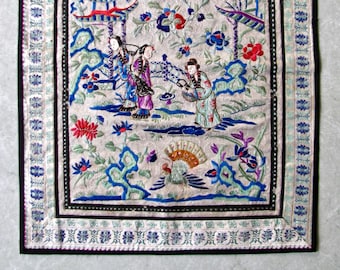 Chinese Silk Robe Panel, Hand-Embroidered Antique, Lovely Condition, 3 Figures/Garden Setting, Peacock