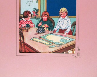 GIRLS' SEWING CLASS, Vintage, 1930, Children's Book Illustration, Acid-Free Matting, Mount Ready to Frame, Wisconsin, School Days