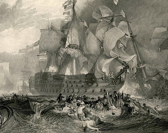 Battle Trafalgar, J.W.M. Turner, Royal Academy, Listed Artist, Antique Steel Engraving, 1859-1861, Lovely Condition, Lord Nelson, Historic