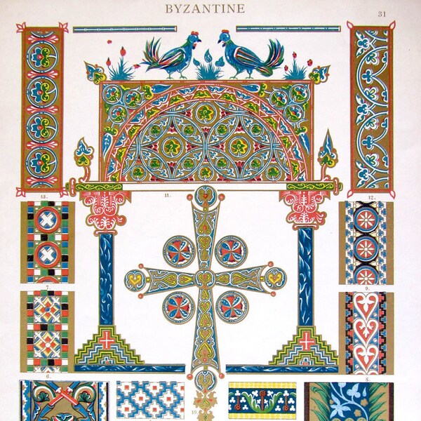 Byzantine, Antique Chromolithograph, Glass Mosaic, Colored Enamel, Illumination, Design Page, c.1885, Lovely Condition