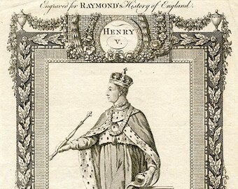 Henry V, Historic, Antique Engraving, Raymond's History of England, Full Length Portrait/Decorative Border Surround/ Coat of Arms, c.1788