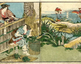 Japanese, Ukiyo-e, Diptych, Antique Print, Interior-Exterior Scenes, Rice Fields, 19th Century, Lovely Vintage Condition, Green/Blue