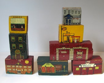 Vintage Folk Art Blocks Hand Painted, 8 Wood, OOAK, Train Station, Fire House, Police, Service Station, More, + 4 Free Blocks, c.1950, Toy