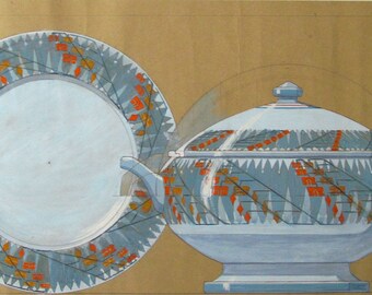 Arts&Crafts, Original Design for China, Lovely, Gouache Painting, c.1910, Covered Casserole, Platter, Orange, Blue, Gray, French, OOAK