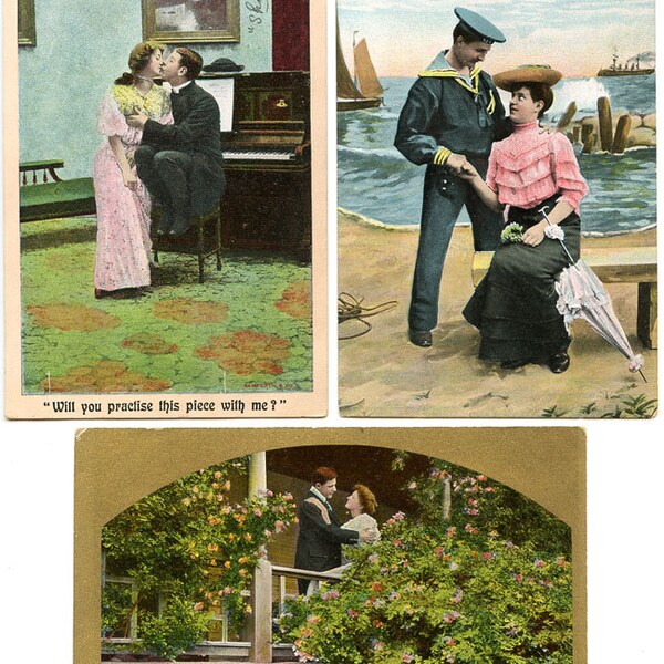 Romantic Postcards, Three from Early 1900s, 2 Printed in Germany, 1 England, Sailor&Seaside, Piano, Garden, Valentine, Wedding, Engagement