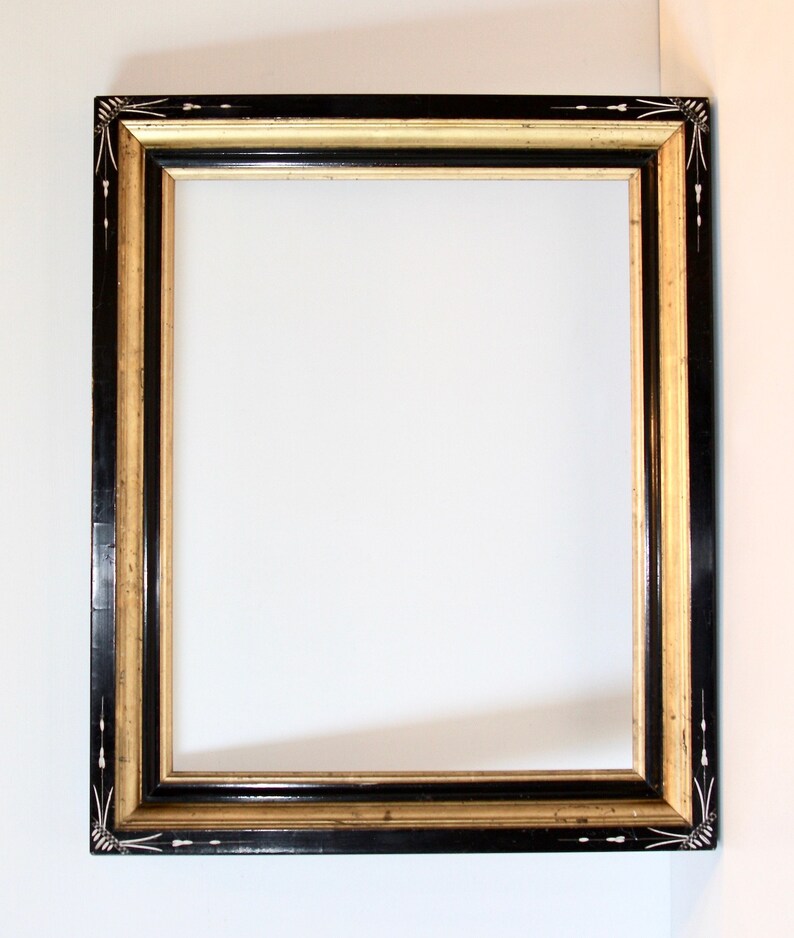 Antique Eastlake Picture Frame Stunning Satin Black Incised Image 0 1