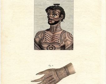 TATTOO, c.1790, Original Hand Colored, Very Detailed, Copperplate ENGRAVING, in French and German, Superb Condition