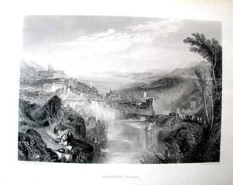 Modern Italy, J.M.W. Turner, Listed Artist, Antique Steel Engraving, c.1880, Superb Condition, Magnificent Landscape.