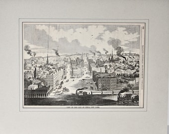 Utica, New York, Antique Wood Engraving, City View with Railroads, c.1855, Acid-Free Mat/Mount, Excellent Condition, Ready to Frame