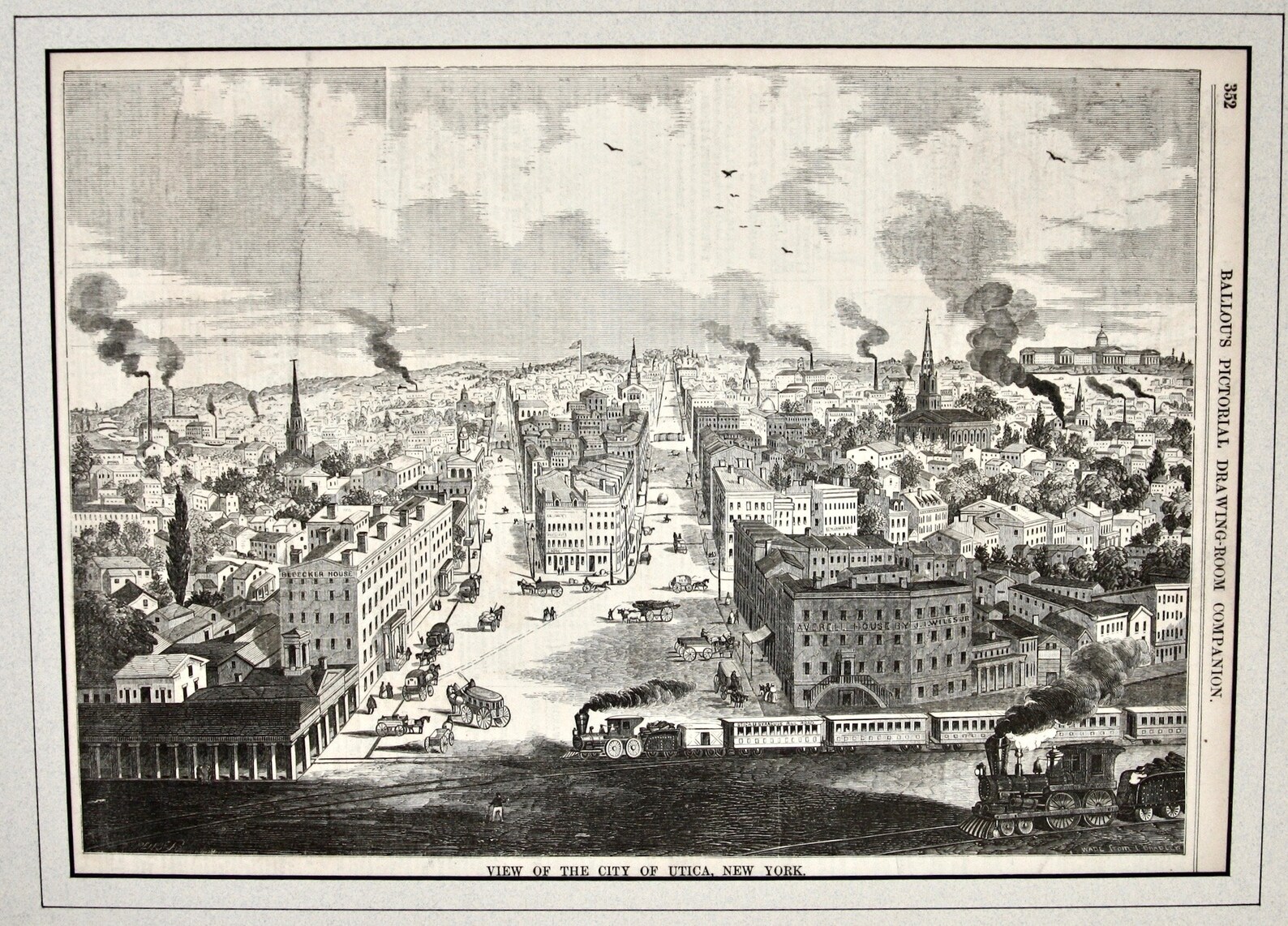 Utica, New York, Antique Wood Engraving, City View with Railroads, c.1855, AcidFree Mat/Mount