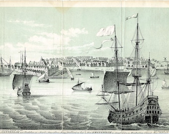 Nueva Ámsterdam holandesa, Nueva York, 1851, Litografía antigua histórica, en holandés e inglés, Manual de San Valentín, Historia de Nueva York
