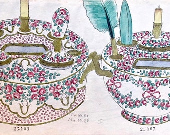 Inkwells, French Designs, Original Mixed Media Gouache, Ink, Watercolor, Antique Porcelain or China Decoration, Two-Sided, 19th Century