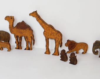 Vintage Toys, Wooden Animals, Giraffe, Camel, Elephant, Lion, Rhinoceros+ Jig-Saw Carved, Hand Made, 1970s, Original Finish, Great Fun!