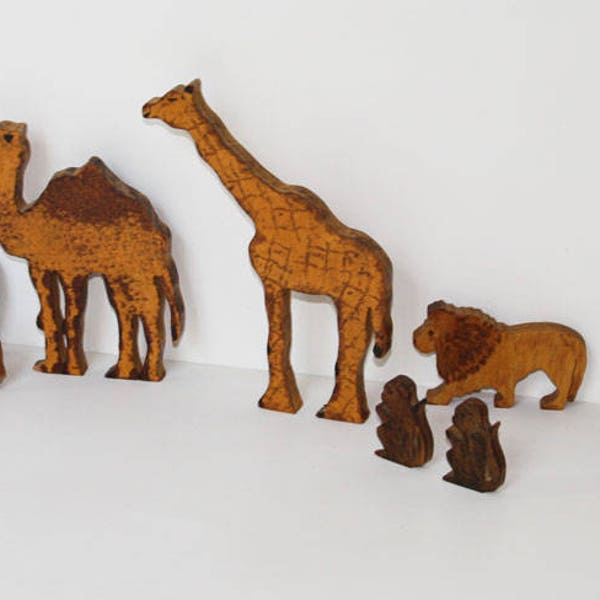 Vintage Toys, Wooden Animals, Giraffe, Camel, Elephant, Lion, Rhinoceros+ Jig-Saw Carved, Hand Made, 1970s, Original Finish, Great Fun!