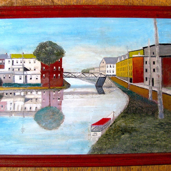 Primitive Folk Art, Mid-Century, Original Oil Painting, 11/1955, River, Vintage, Signed, Framed, Boat: Kitty West, Ready to Hang, OOAK