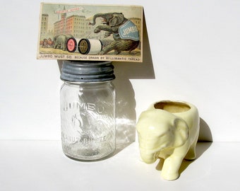Elephants! 3 Vintage, Items: 1 Jumbo Trade Card, 1 Jumbo Peanut Butter Jar, One 1950s Elephant Planter, Small Instant Collection