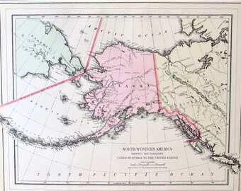 1887, Alaska Map, Bradley Based on Mitchell, Antique Hand Colored Map, Ceded By Russia to United States