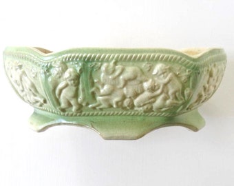 Cupids, Putti Figures, Embossed, Willow Green/Ivory, Vintage Indoor, Pottery Planter, Lovely Condition/Use/Display, Mid-Century, Japan