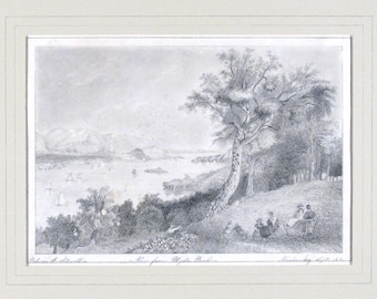 Hyde Park, NY 1864, Charming Original, Antique Graphite, Folk Art Drawing, View of Hudson River, Sailboats, Acid-Free Mat/Mount, OOAK