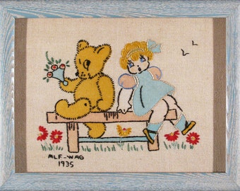 Teddy Bear, Baby Gift, Blonde Toddler, 1935, Darling, Hand Embroidered, Linen, Excellent Condition, Framed, UV Glass, Ready to Hang