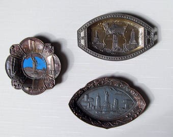 Vintage NYC Souvenirs, 3 Embossed Metal, World Trade Center, Rockefeller Center, Mid-Century, Small Instant Collection, c.1930s-1970