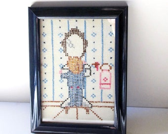 Baby Boy Gift, Vintage, Hand Embroidered, Cross-Stitch, Linen, c.1950s, Acid-Free, Framed, UV Glass, Perfect Condition, Ready to Hang!