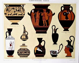 Greek Vases, 1888, Historic Antique Design Page, Double Page Chromolithograph, Remarkable Condition, Text in German