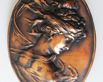 Bradley & Hubbard, Art Nouveau, Portrait of Woman, Metal, Bas-Relief, Original Patina, Copper Finish, Ready to Hang