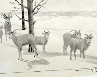 Goats in Snowy Landscape, George Irving Parsons, 1860-1957, Original Mixed Media Grisaille