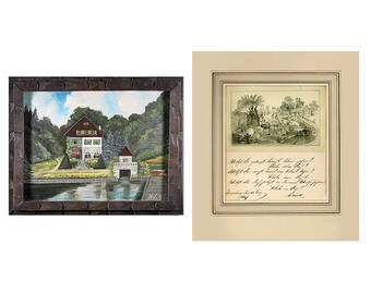 GERMAN, Original Folk Art, 1847, 1947, Rustic Painting/Original Frame, Vintage, Signed Drawing, Poem, Hamburg