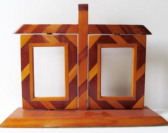 Parquetry, Treenware, Inlaid Wood, Vintage Picture Frame, Handmade, 2 Windows, Tabletop, Folk Art, OOAK, Original Finish, Superb Condition