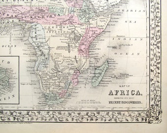 Africa, Antique Map, 1875, Mitchell, Exquisite Border Design, Hand Colored, "Recent Discoveries", Inset of St. Helena, Historic Map