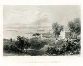 GOWANUS HEIGHTS, Historic Brooklyn, 1830s, Antique Steel Engraving, Black and White, BARTLETT, Super Condition