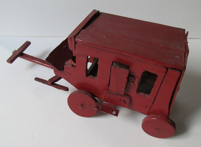 Primitive Vintage Folk Art Toy Movable Red Stagecoach: Wood and Metal Completely Hand Made Whimsical /& Wonderful Rustic Sweetheart