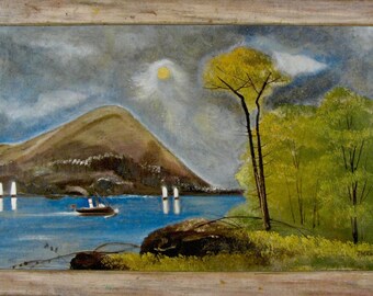 Hudson River, Folk Art, Primitive Vintage Oil Painting/Canvas, Handmade Rustic Frame, Boats Sailing/Moonlight, Signed, Ready to Hang, c.1885