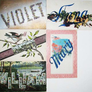 May include: A collection of vintage postcards. One postcard features the word "VIOLET" spelled out with purple flowers. Another says "Emma" in blue script with floral accents. Other cards include "Daisy", "Mary", and "William".