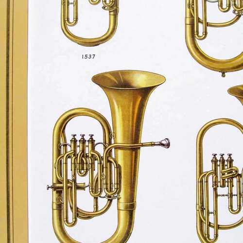 TUBA, Antique Chromolithograph, MUSIC, c.1900, Superb Condition, Salesman's Sample Catalog shops Page, Acid-Free Matting/Mount, Ready to Frame
