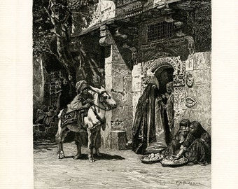 Orientalist, Antique Etching, Lady of Cairo Visiting, Original, F.A. Bridgman, 1881, Listed Artist, Signed&Dated in Plate, Superb Condition